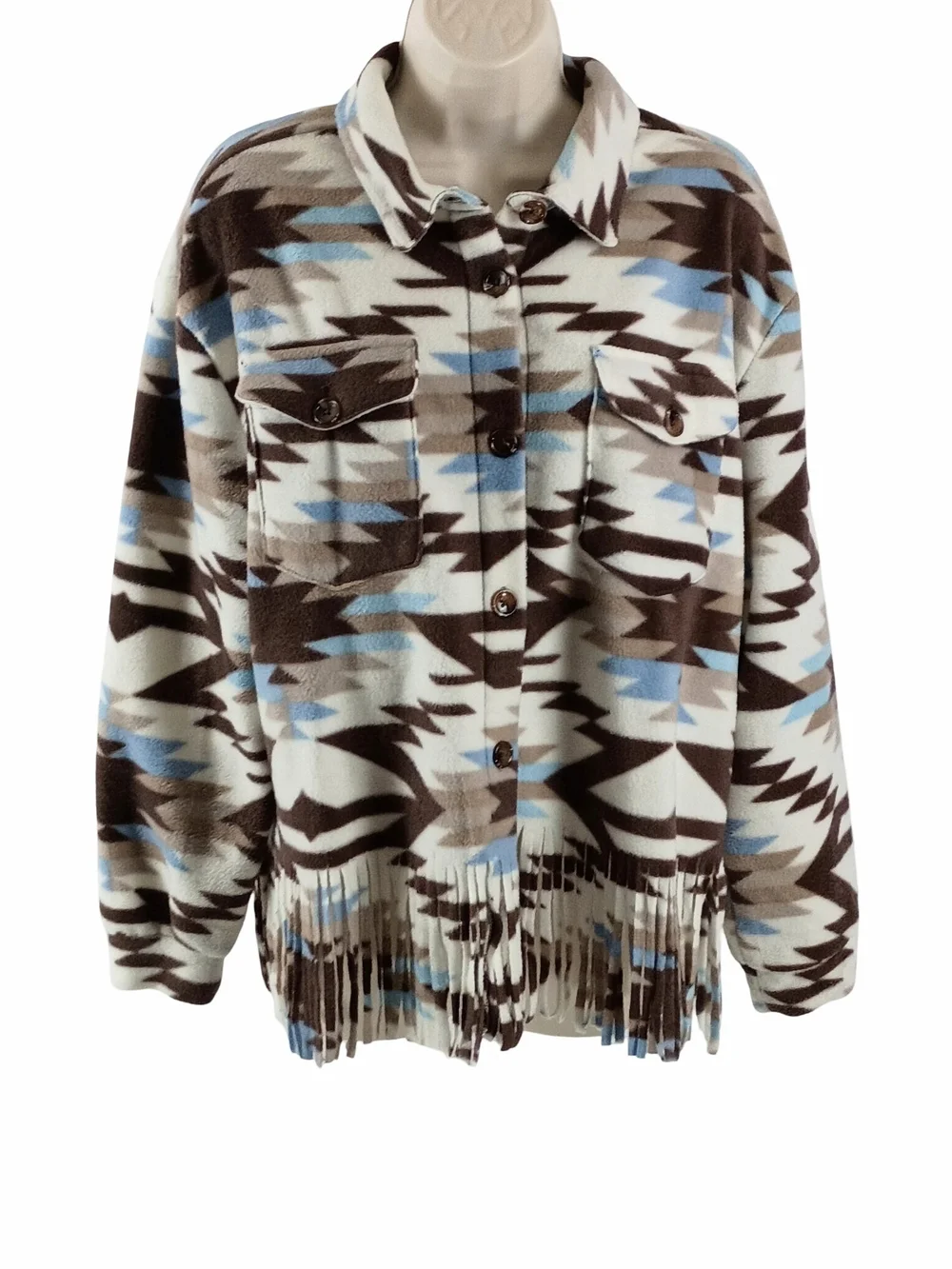 Fringed Fleece Blanket Aztec Print Shacket Jacket in Brown & Light Blue